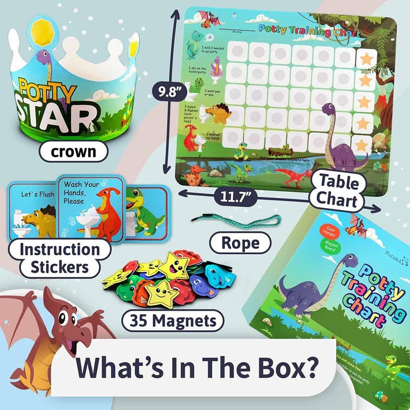 Putska Potty Training Chart with 35 Stickers, 3 Reminder Stickers and Crown for Toddlers Boys and Girls - Potty Training Rewards for Kids - Dino - Image 2